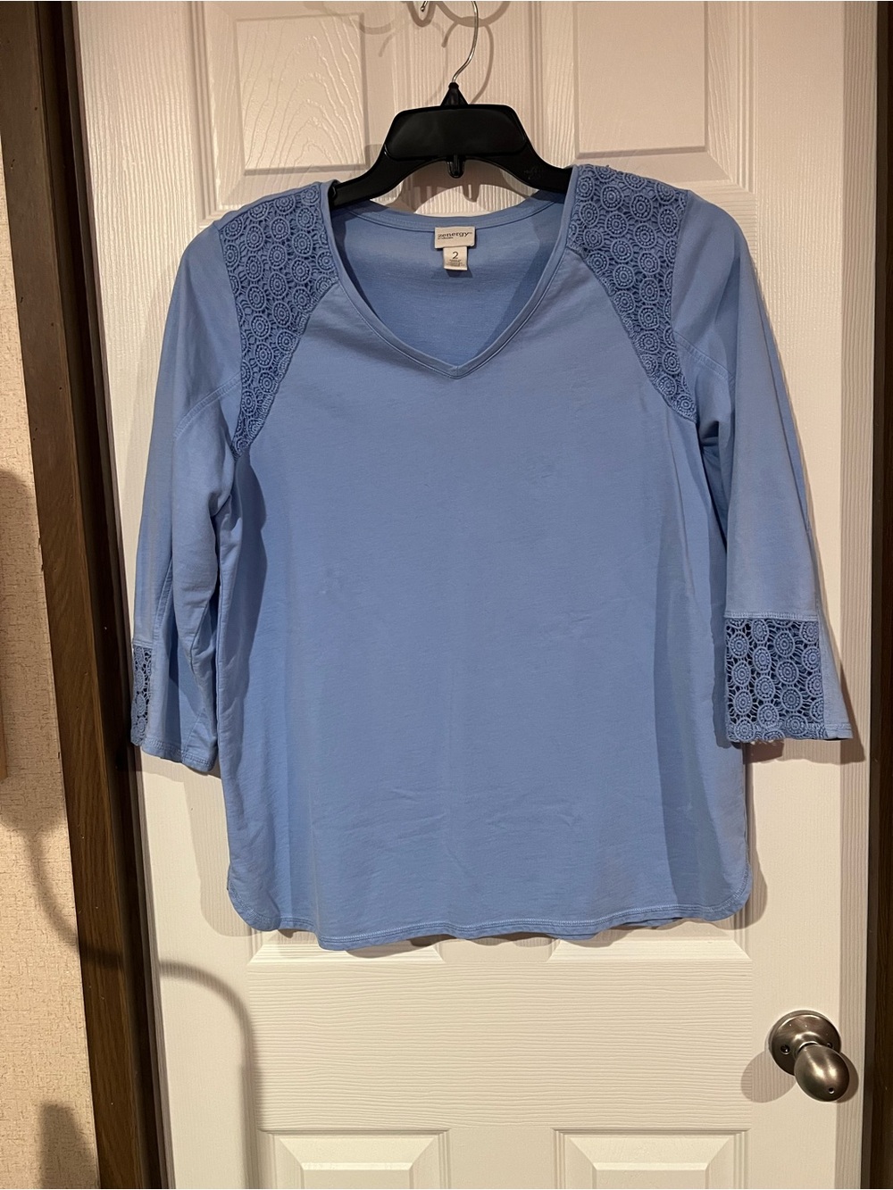 Chico’s Light Blue V-Neck Lace-Accent Women's Top